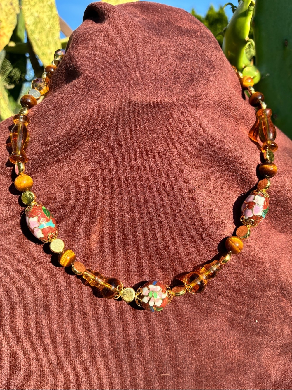 Handcrafted Amber & Cloisonné Floral Necklace - Brown/Gold